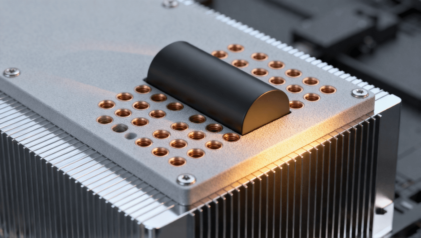 光模塊PCB熱管理結構特寫 嵌入式黑色熱管 銅色散熱孔陣列 銀色散熱片 暖黃側光 科技感 光模塊PCB熱管理結構特寫 嵌入式黑色熱管 銅色散熱孔陣列 銀色散熱片 暖黃側光 科技感