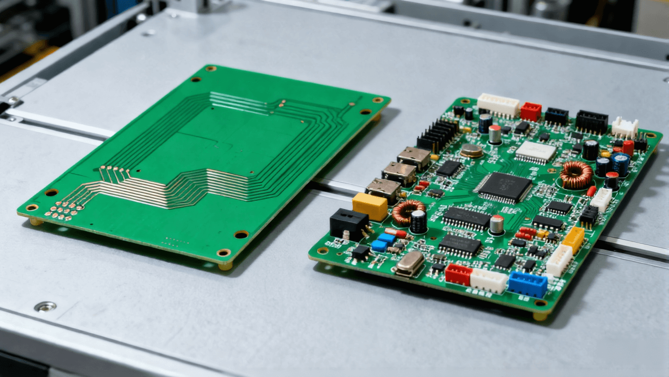 左側綠色 PCB 空板、右側集成元器件的 PCBA 組件，并列擺放的電子制造對比展示