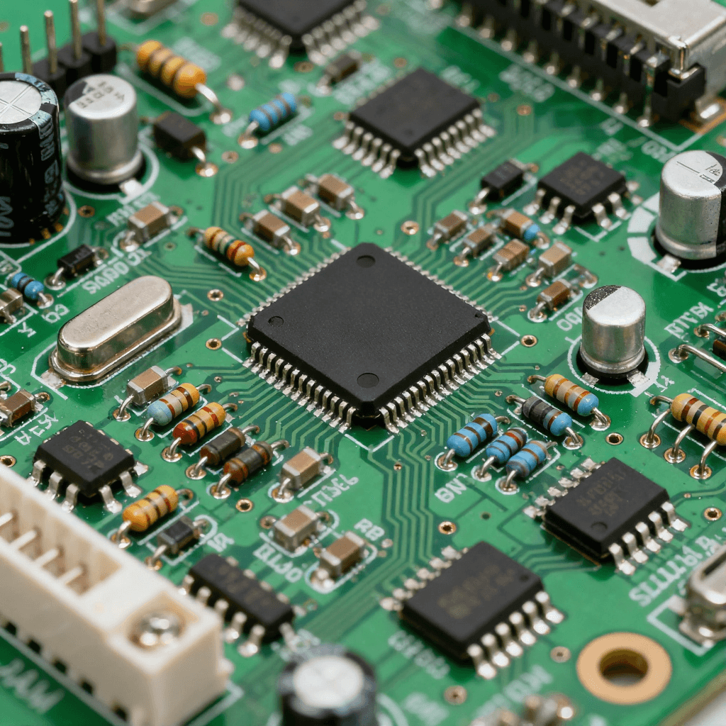 綠色 PCB 基板上集成電阻、電容、芯片的 PCBA 組件，焊點呈現金屬光澤