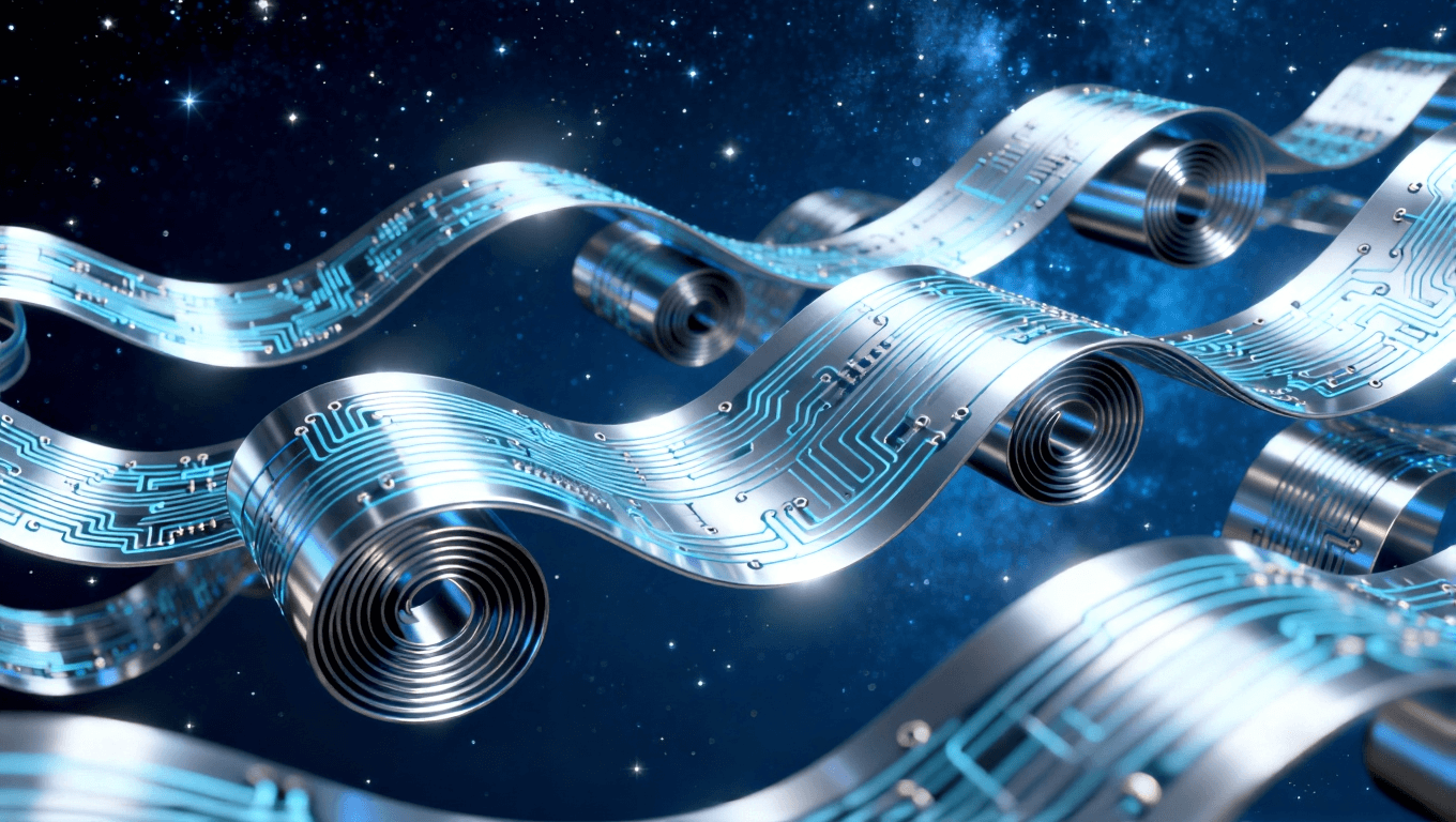 多形態可折疊電路板三維展示，體現超彈性材料支持的卷曲、螺旋等未來設備形態