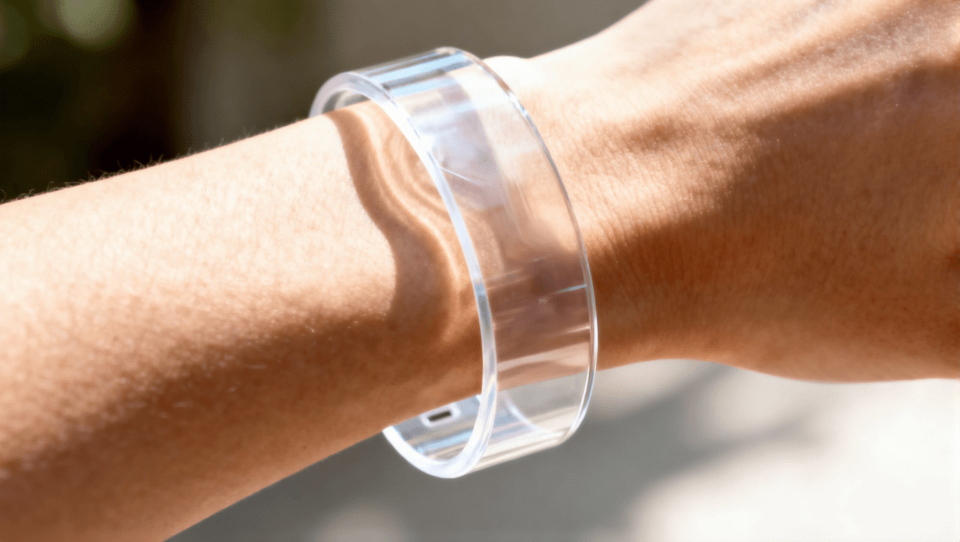 集成超彈性電路的可穿戴設備在手腕上的應用，體現其柔韌性與舒適度