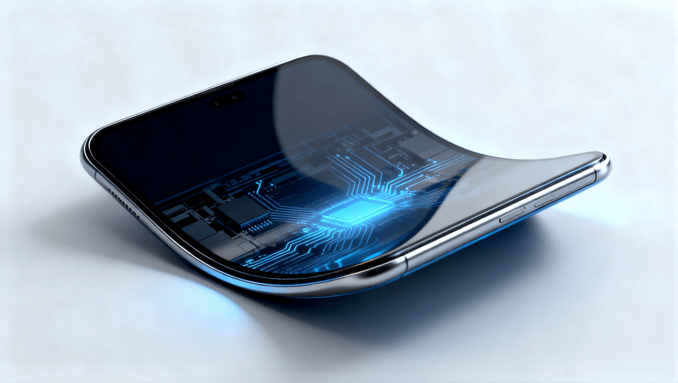 可折疊電子設備概念圖，展示超彈性材料支撐的柔性電路與無縫折疊設計