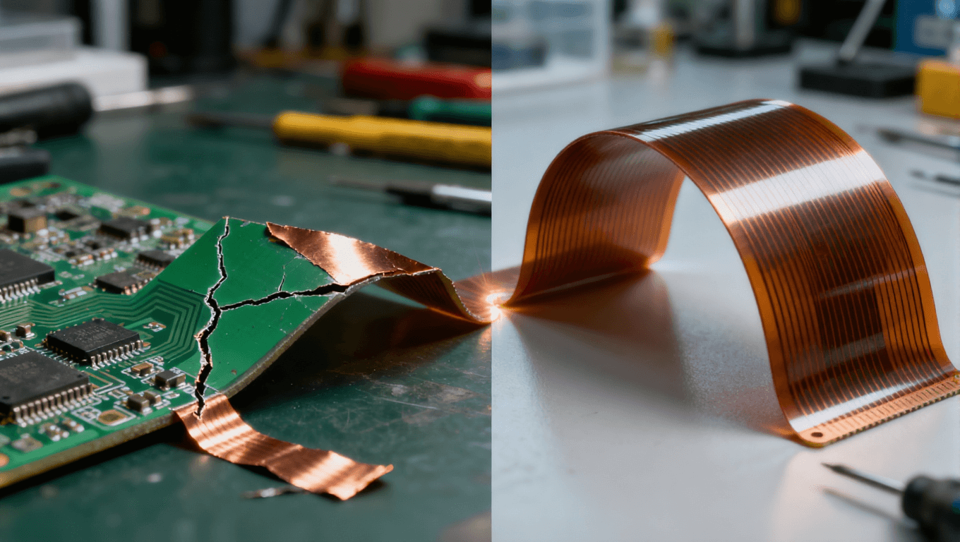 傳統剛性電路板與超彈性柔性電路板彎折對比，凸顯柔性電路在反復折疊下的耐用性